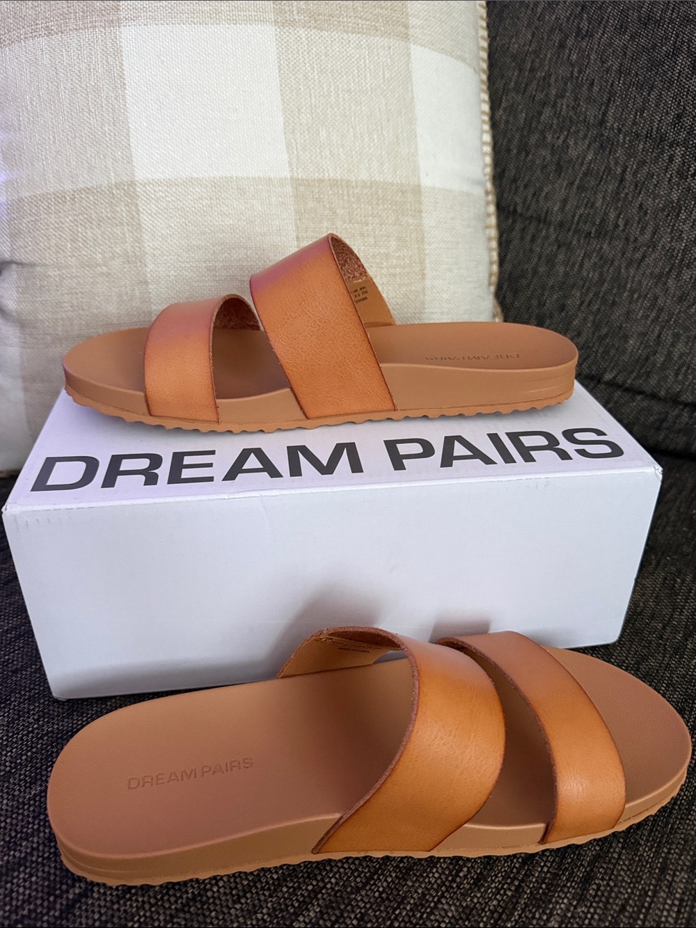 Dream Pairs Cognac Brown Double‑Band Slide Sandals